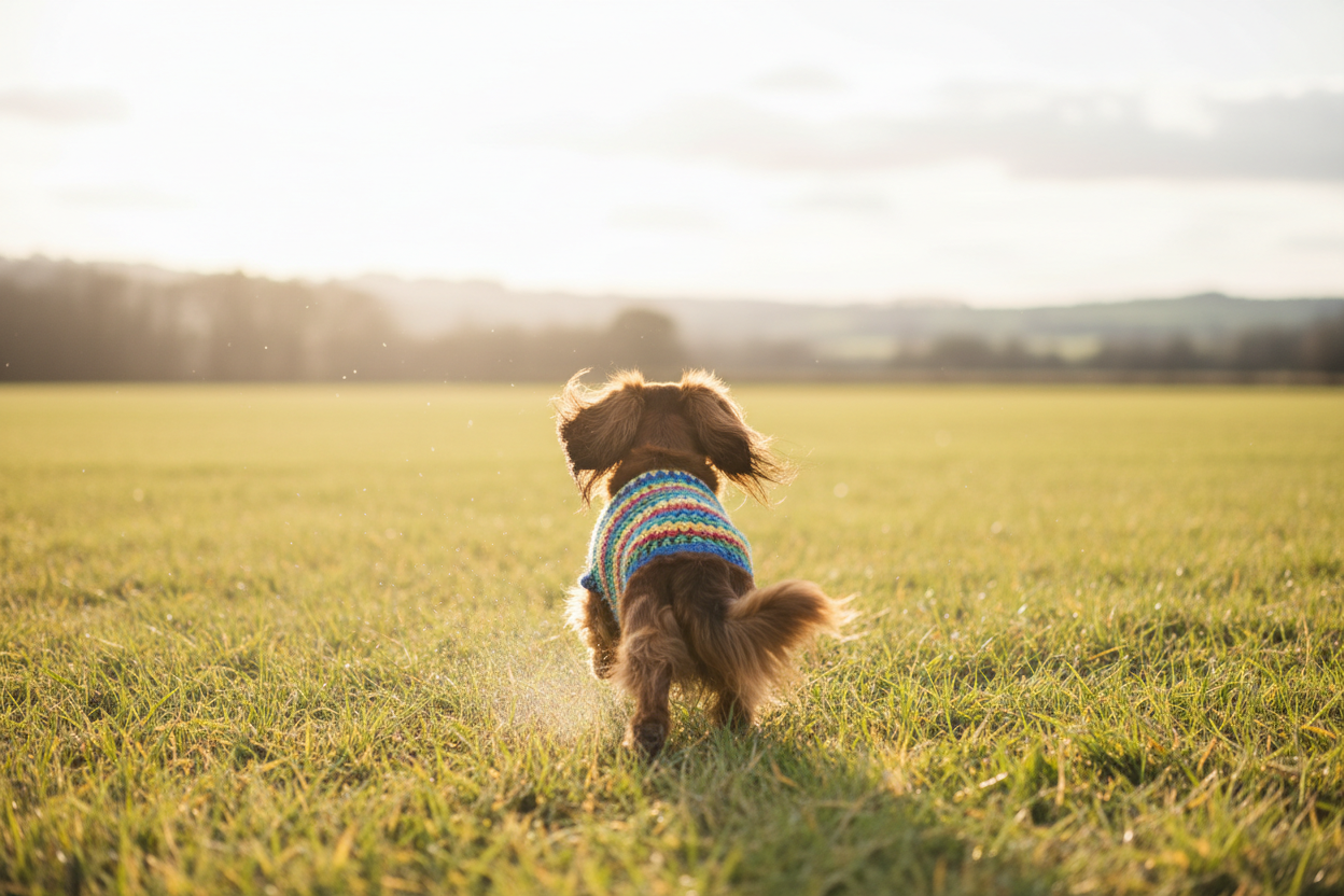 chien teckel poil long qui court en zoomie avec pull en crochet arrière fond clair qui court dans l'herbe un peu loin